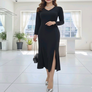 가성비갑 슬림핏 브이넥 머메이드 양트임 롱 원피스 (스판)