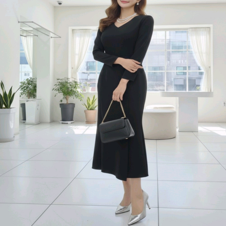 가성비갑 슬림핏 브이넥 머메이드 양트임 롱 원피스 (스판)--1
