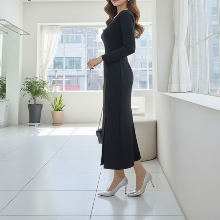 가성비갑 슬림핏 브이넥 머메이드 양트임 롱 원피스 (스판)--2