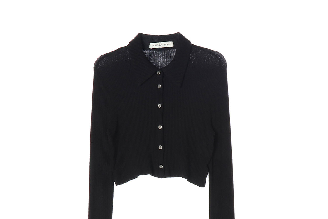 보헤미안서울 블랙 골지 카라 크롭 가디건 티셔츠 이미지