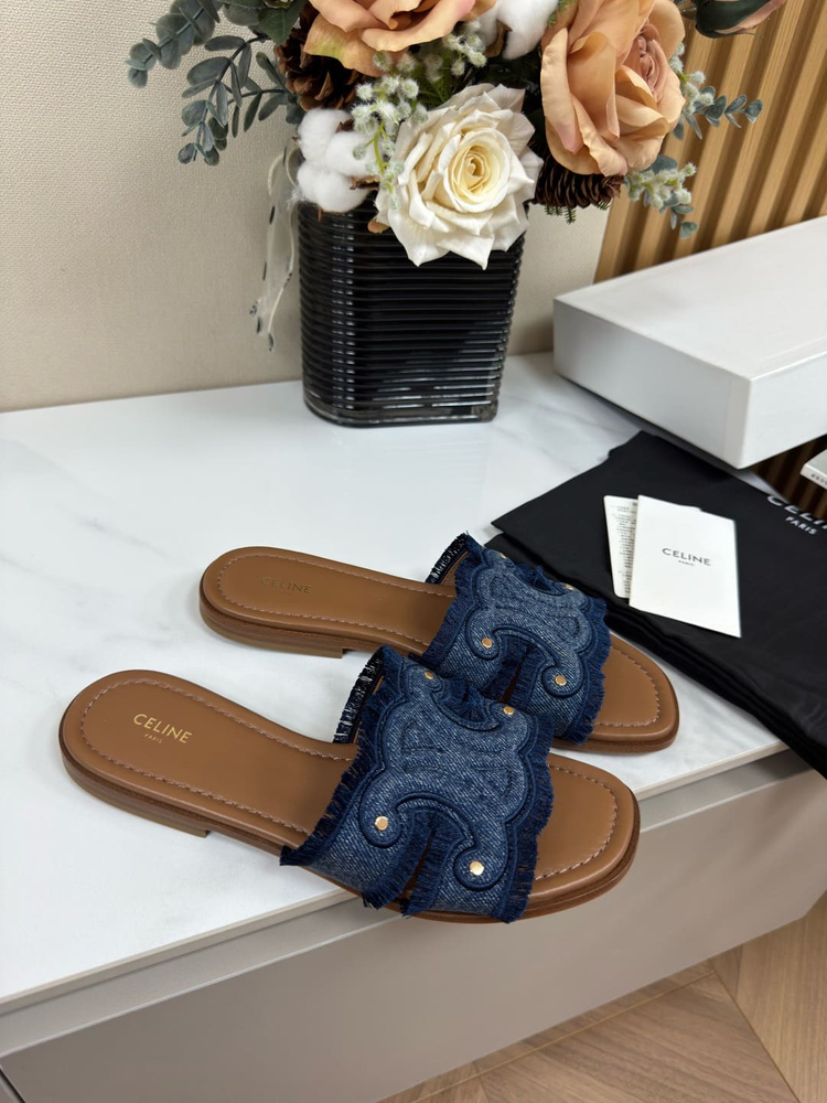 셀린느 마리나 프린지 뮬 데님 여성 샌들 블루--2