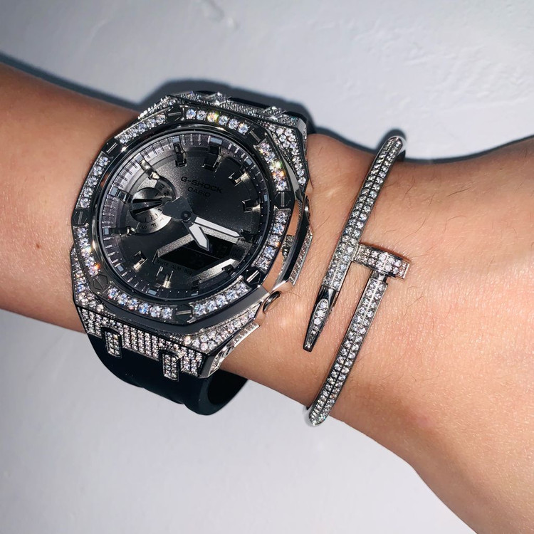 ICED OUT 지샥 GA-2100 지얄오크 실버 보석 블랙 스트랩 시계 이미지