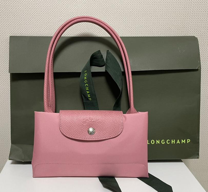 롱샴 르 플리아쥬 그린 토트백 M 페탈 핑크 롱핸들 이미지