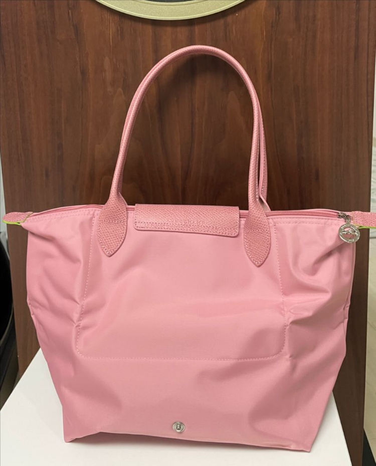 롱샴 르 플리아쥬 그린 토트백 M 페탈 핑크 롱핸들 이미지
