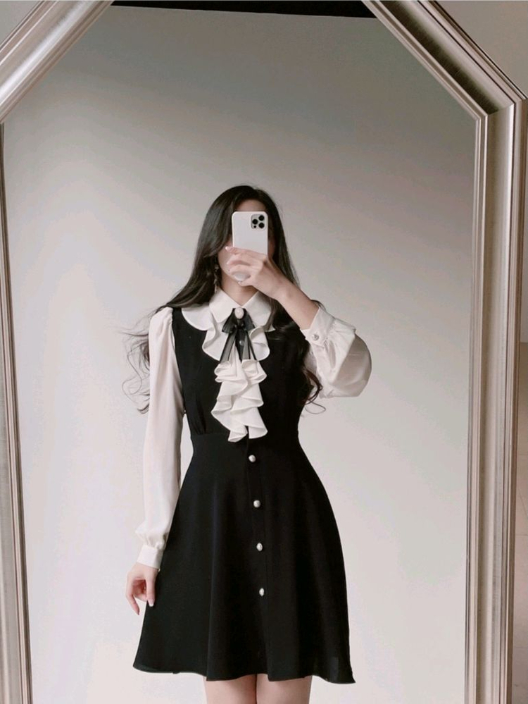 미랑미랑 프릴 타이 러플 브로치 원피스 S 에이블리 하객룩 블라우스--1