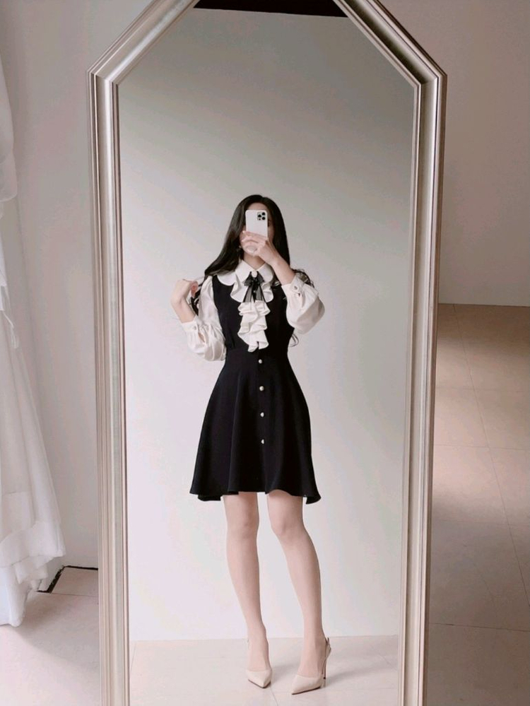 미랑미랑 프릴 타이 러플 브로치 원피스 S 에이블리 하객룩 블라우스--2