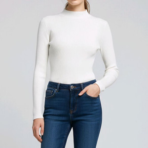 여성 화이트 골지 도톰 반목티셔츠