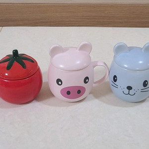 토마토 돼지 생쥐 뚜껑 머그컵 3종 세트
