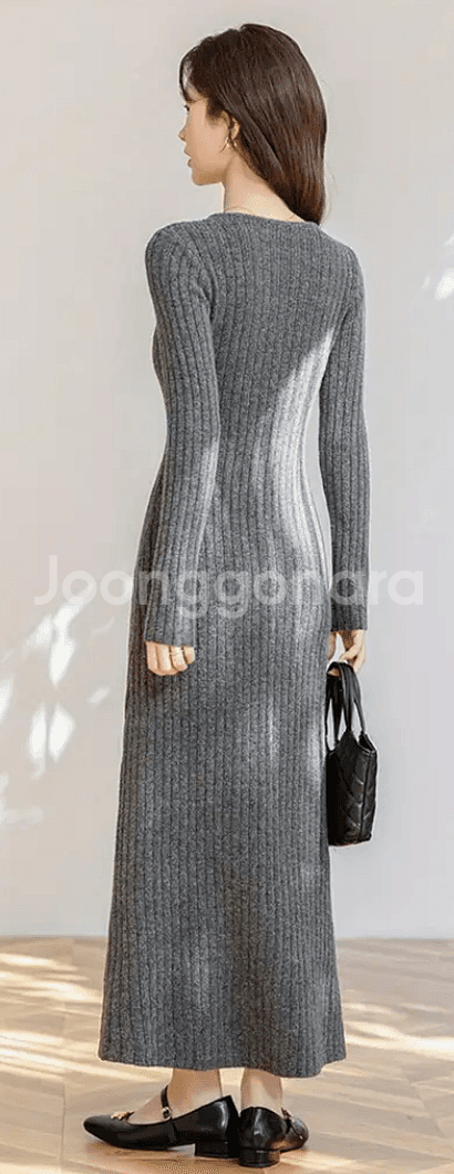 [새상품] 니트 롱 원피스, 그레이, 55~66--1