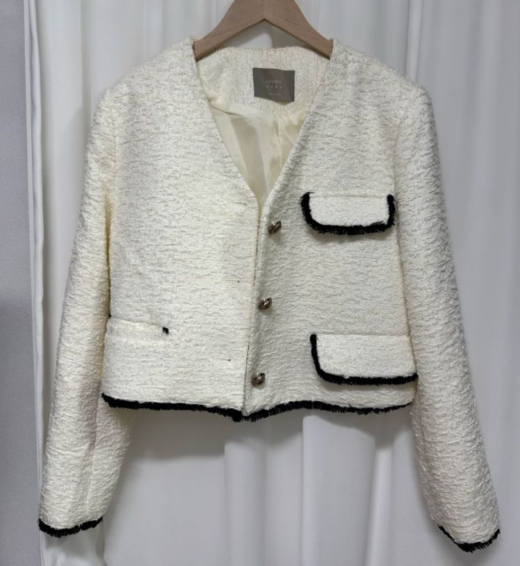 고퀄 프린지 아이보리 트위드 자켓 이미지