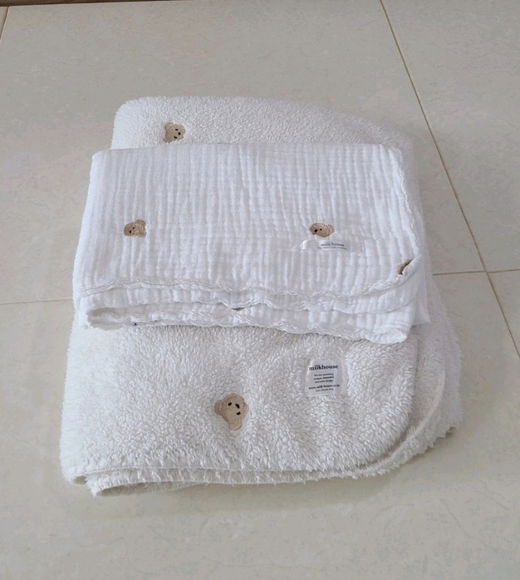 밀크하우스 곰돌이 아기 극세사 담요 이불 거즈 블랭킷 2개 일괄--0