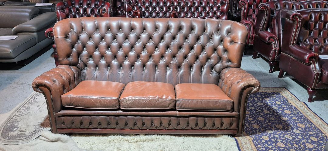 수입 체스터필드 전체 천연가죽 3인 소파--1
