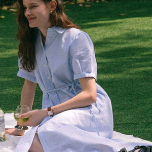 택달린새상품) 틸아이다이 스트라이프 시어서커 원피스 블루 하늘색 스트링 반팔