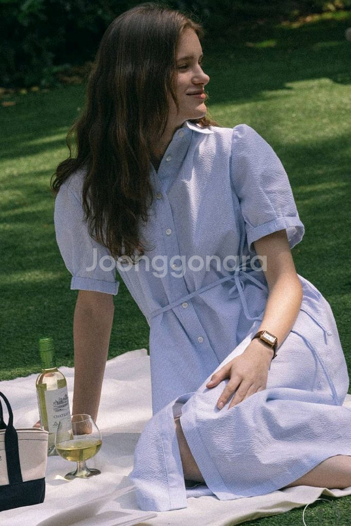 택달린새상품) 틸아이다이 스트라이프 시어서커 원피스 블루 하늘색 스트링 반팔--1