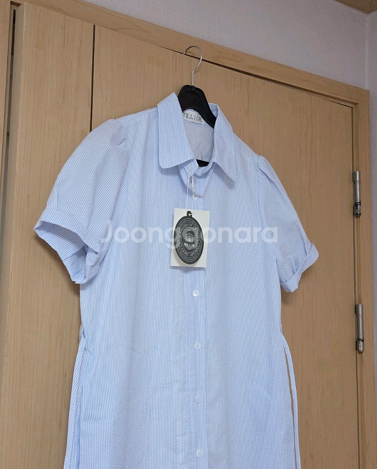 택달린새상품) 틸아이다이 스트라이프 시어서커 원피스 블루 하늘색 스트링 반팔--4