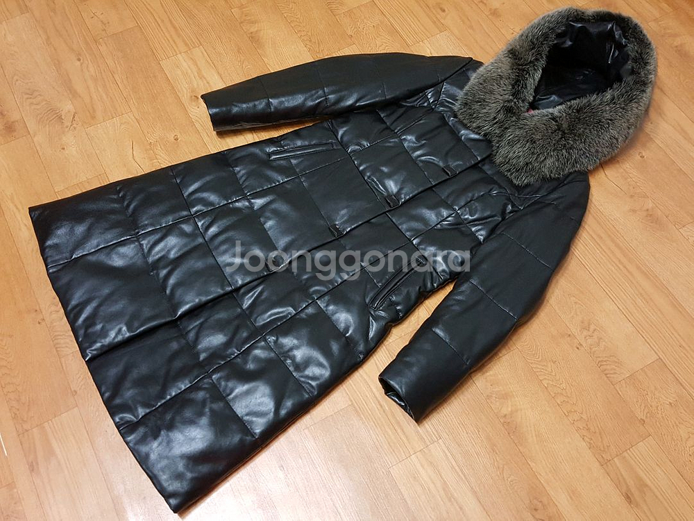 쥬비드 폭스후드 램스킨(양가죽) 덕다운 여성 롱패딩코트 66-날씬77 거의새것--4