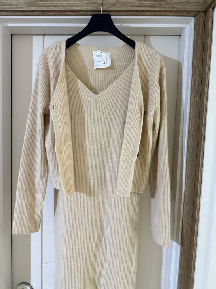 세트/라쿤 니트 롱원피스+가디건--4