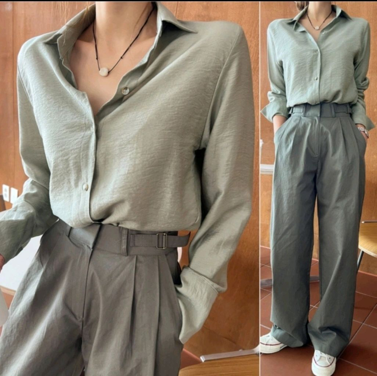 실키한 카키 셔츠 블라우스 루즈핏 66 77--0