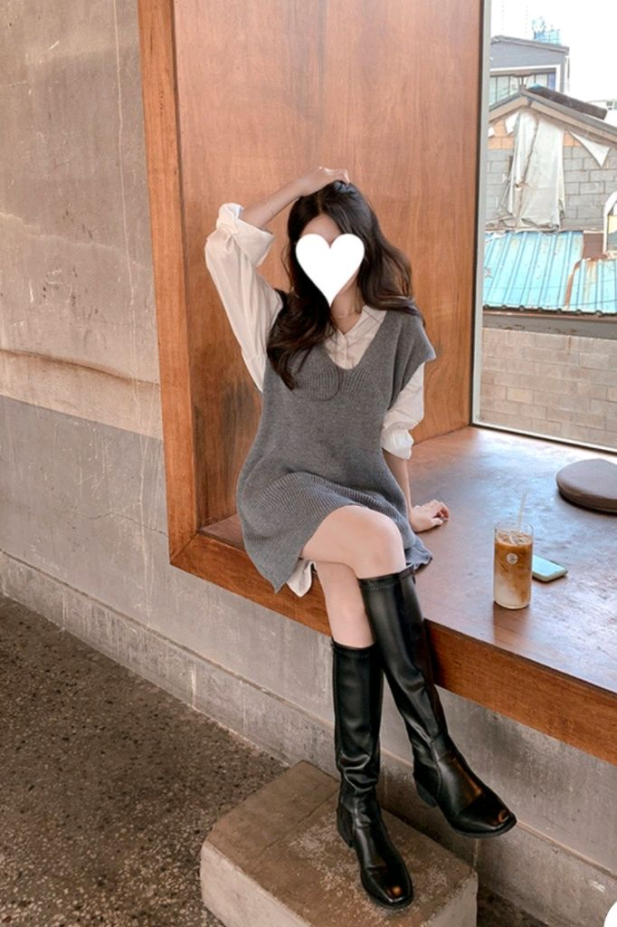 브이넥 골지 니트 조끼 미니 원피스 프리사이즈--0