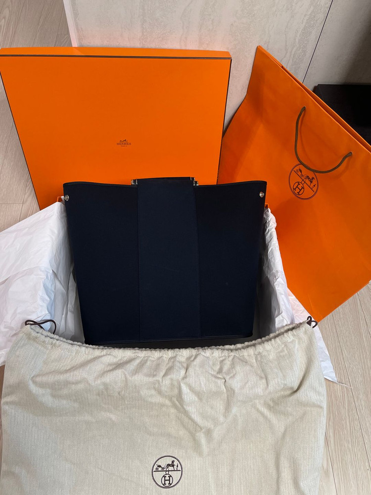 에르메스 Cabag 꺄백 토일 블랙 GM 캔바스 토트백 숄더백--8