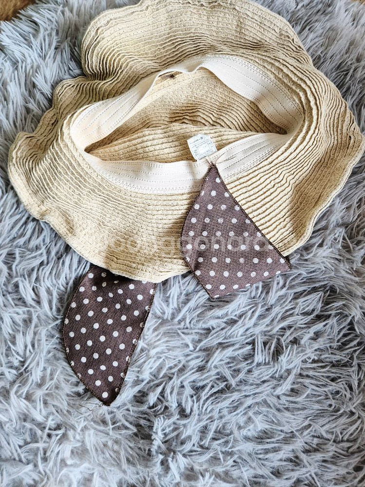 베이지 물방울 리본 밀짚모자--1
