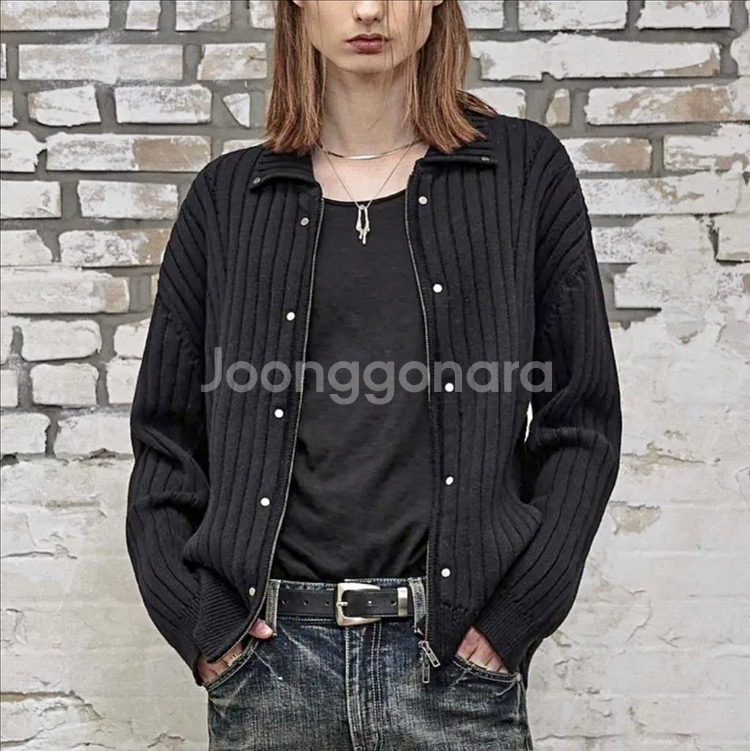 44) 엘무드 펑크 라이더 니트집업 카라넥 골지 가디건 자켓 블랙 락시크--0