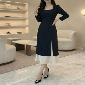 스퀘어넥 7부 소매 블랙 미디 드레스ㅡ무배