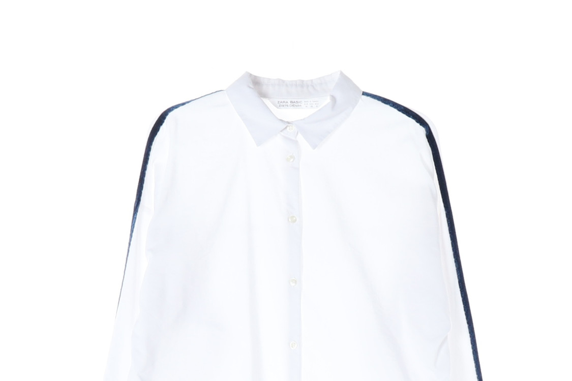 ZARA 자라 화이트 벨벳 네이비 라인 진주 장식 루즈핏 긴팔 코튼 셔츠 XS 이미지