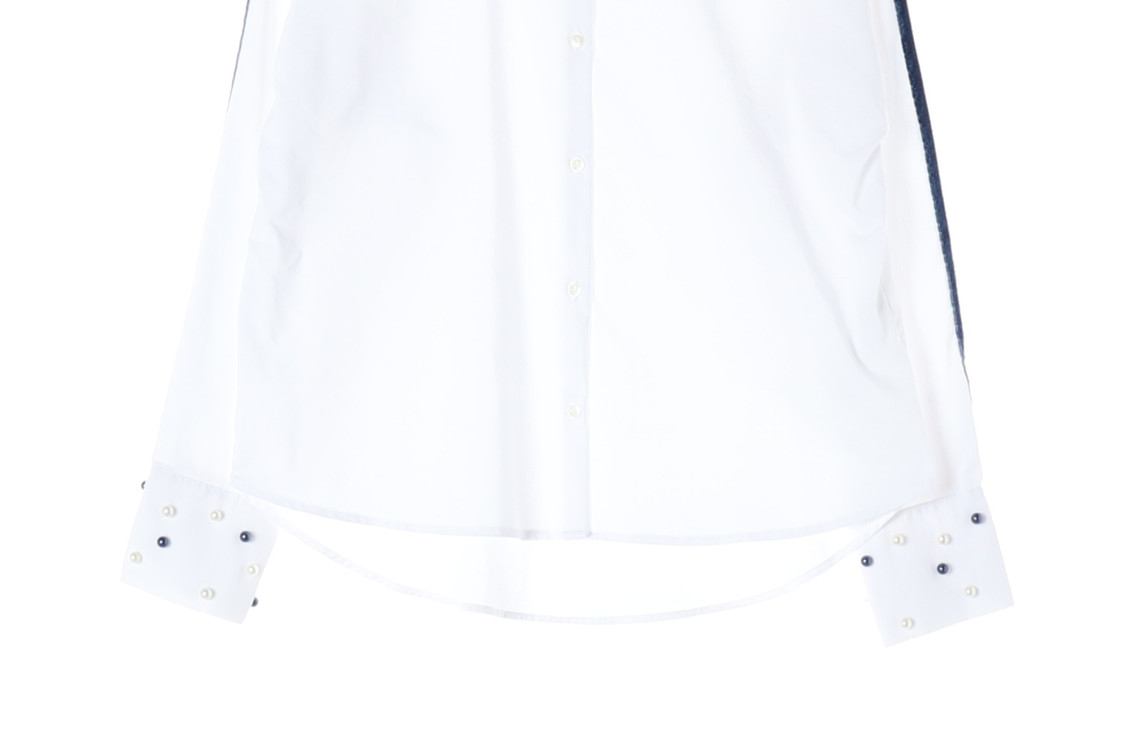 ZARA 자라 화이트 벨벳 네이비 라인 진주 장식 루즈핏 긴팔 코튼 셔츠 XS 이미지