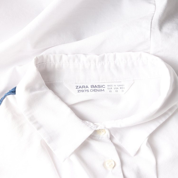 ZARA 자라 화이트 벨벳 네이비 라인 진주 장식 루즈핏 긴팔 코튼 셔츠 XS 이미지