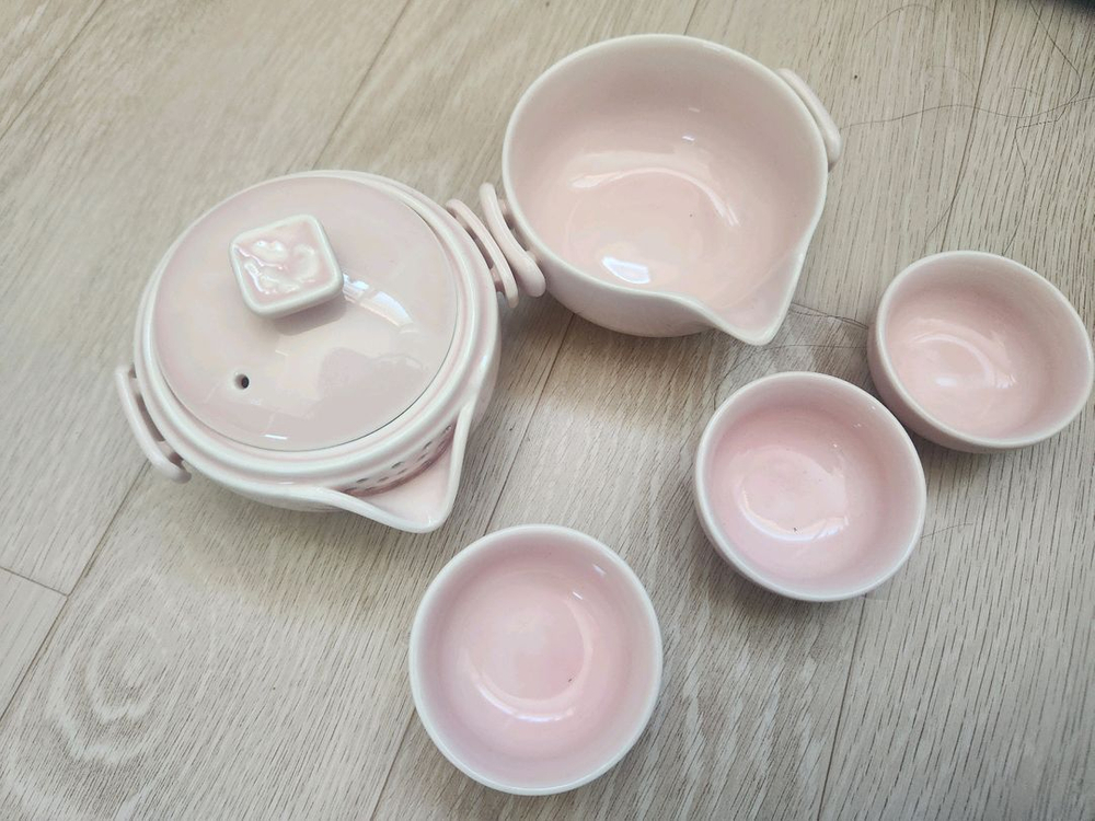 핑크 휴대용 다기 세트 (찻주전자+찻잔3+숙우) 이미지