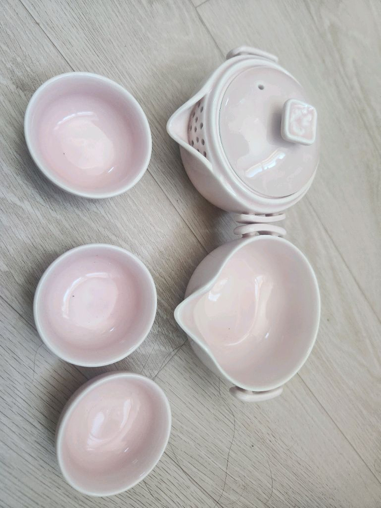 핑크 휴대용 다기 세트 (찻주전자+찻잔3+숙우) 이미지