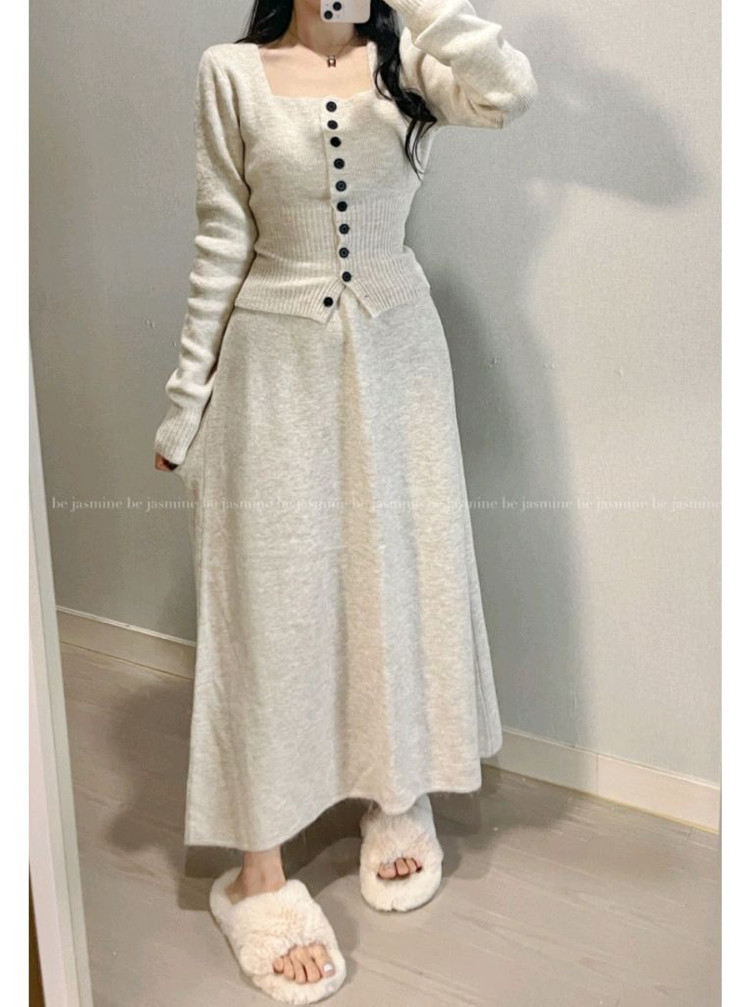 울니트 투피스/가디건 롱스커트 세트- 새옷--1