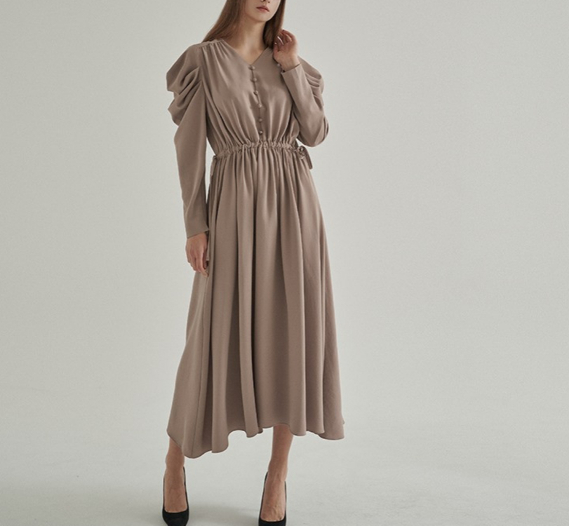 브이넥 루즈핏 어깨셔링 스트링 롱원피스ㅡ무배--3