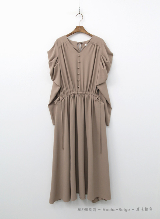 브이넥 루즈핏 어깨셔링 스트링 롱원피스ㅡ무배--6