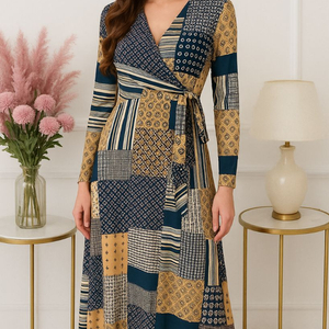 기하학 긴팔 랩스타일 롱원피스