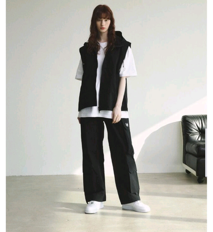 슬로우레코드하우스 나일론 후드 베스트 바스락 블랙 조끼--8