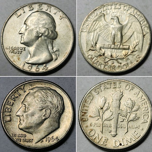 은화 90 동전 단종특년 2종 미국주화 워싱턴 쿼터달러+루즈벨트 다임 1964 D
