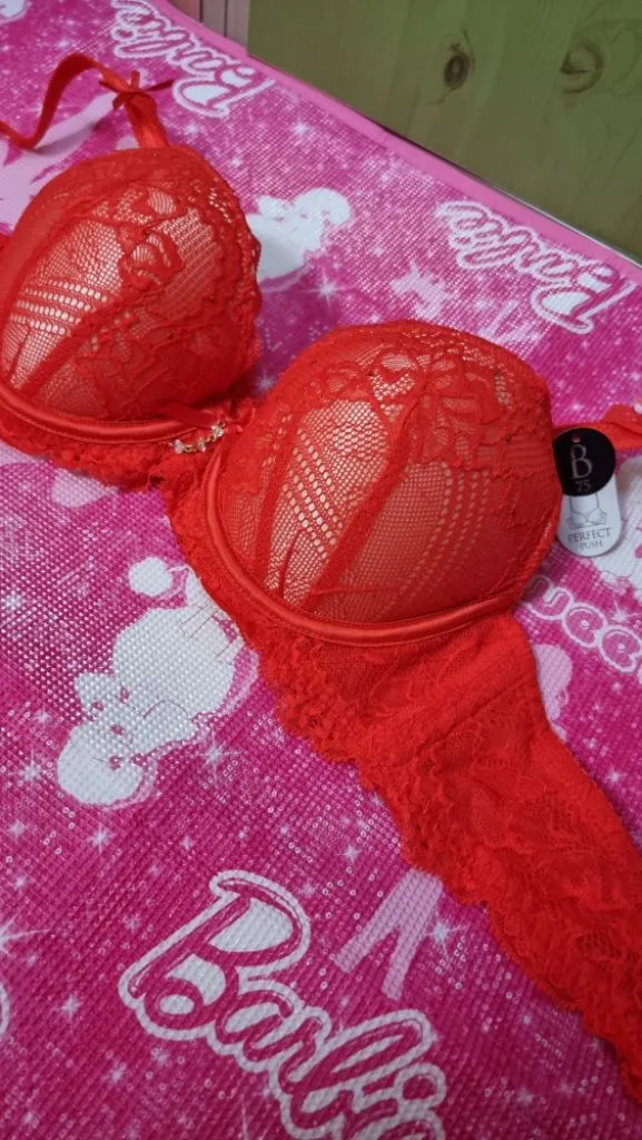 에블린 코랄레드 큐빅 레이스 브래지어 75B 이미지