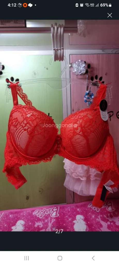 에블린 코랄레드 큐빅 레이스 브래지어 75B 이미지