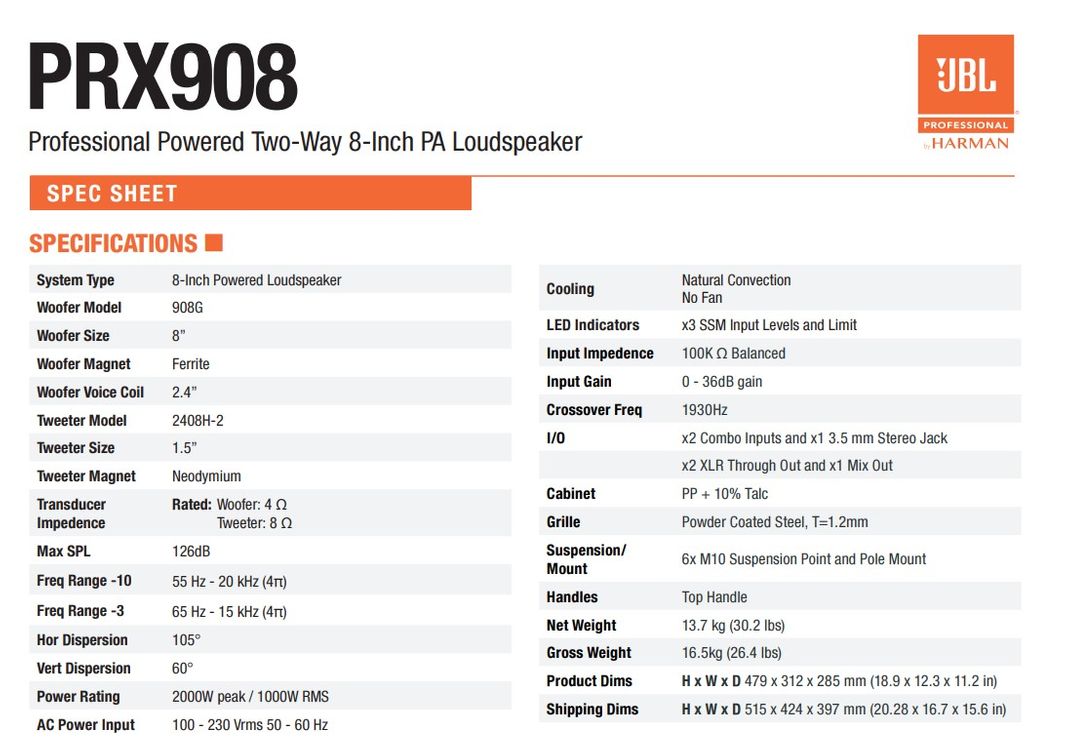 JBL PRX908 8인치 2000와트 액티브스피커 이미지