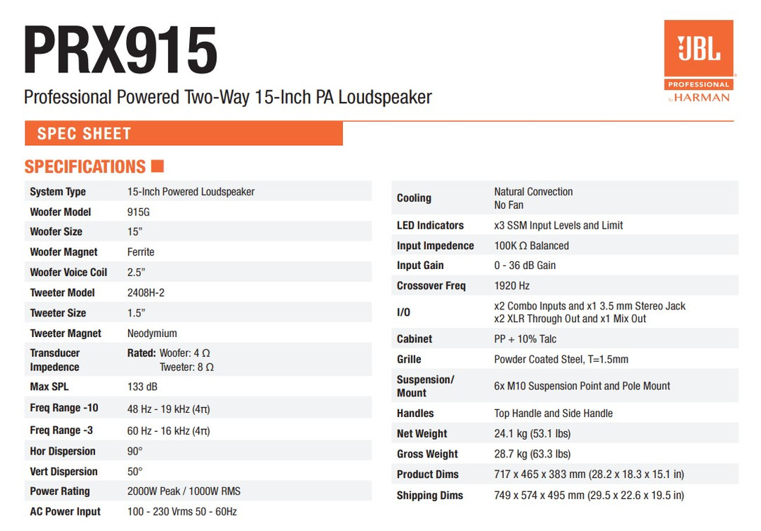 JBL PRX915 15인치 2000와트 액티브스피커 이미지