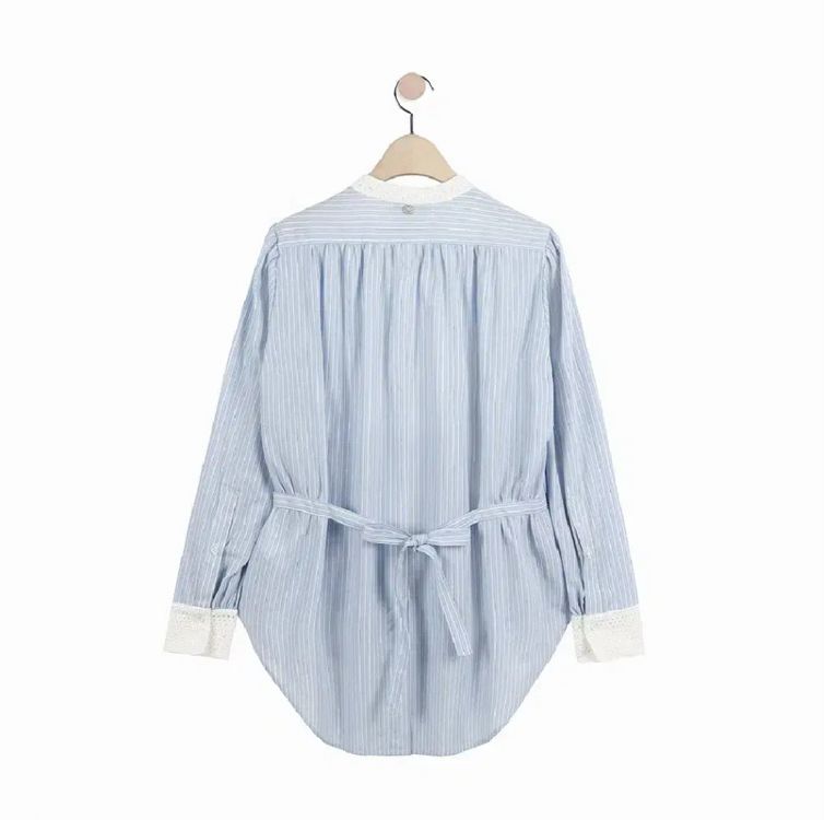 써스데이아일랜드 블라우스 단가라 스트라이프 지그재그 에이블리 봄 코디 빈티지 셔츠 레이스 리본 소녀 헨리넥 이미지