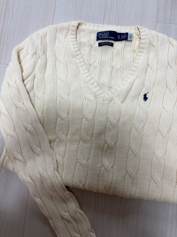 폴로 랄프 로렌 여성 케이블 니트 코튼 브이넥 스웨터 이미지