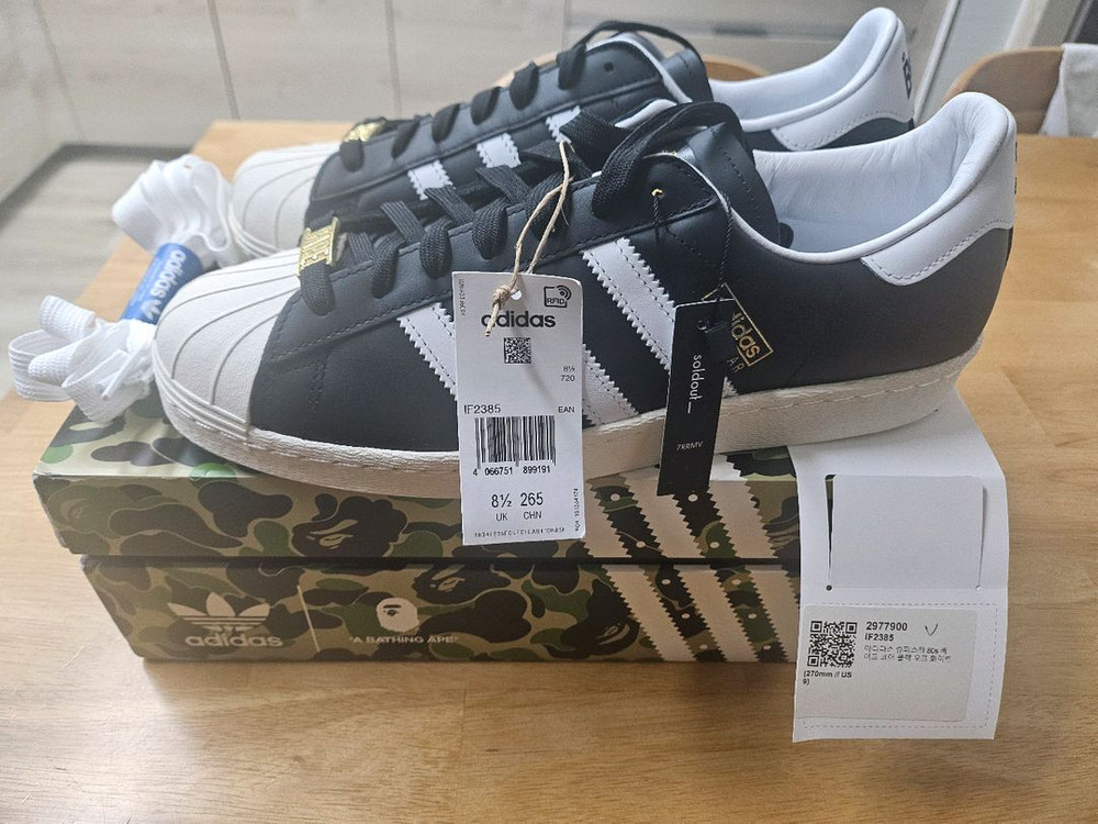 (새상품) 아디다스 x 베이프 슈퍼스타 80s 코어 블랙 오프 화이트 270사이즈 이미지