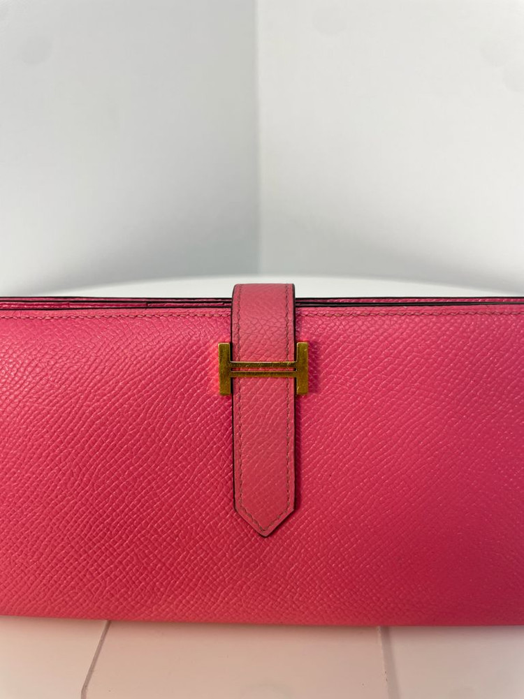 에르메스 베안 장지갑 핑크 금장--1