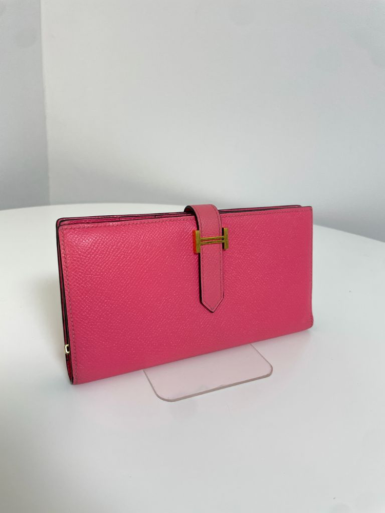 에르메스 베안 장지갑 핑크 금장--2