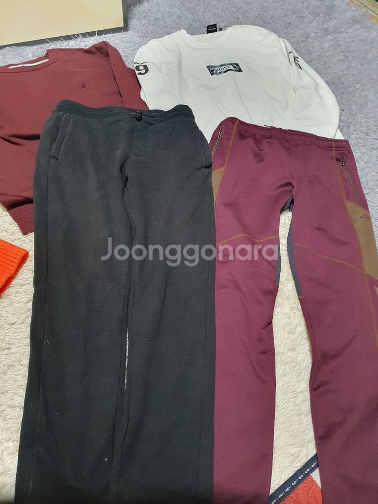 남성 105사이즈 몽땅다다드리는가격 아디다스 골프 오렌지 패딩(XL), 챔피온 맨투맨(M), 긴팔티, 검정바지 세트--3