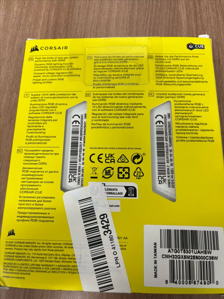 커세어 벤전스 RGB DDR5 RAM 32GB (2x16GB) 6000 CL36 Intel XMP iCUE 호환--2