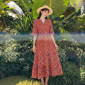 (새상품) 여성 휴양지 레드 캉캉 밴딩 롱원피스